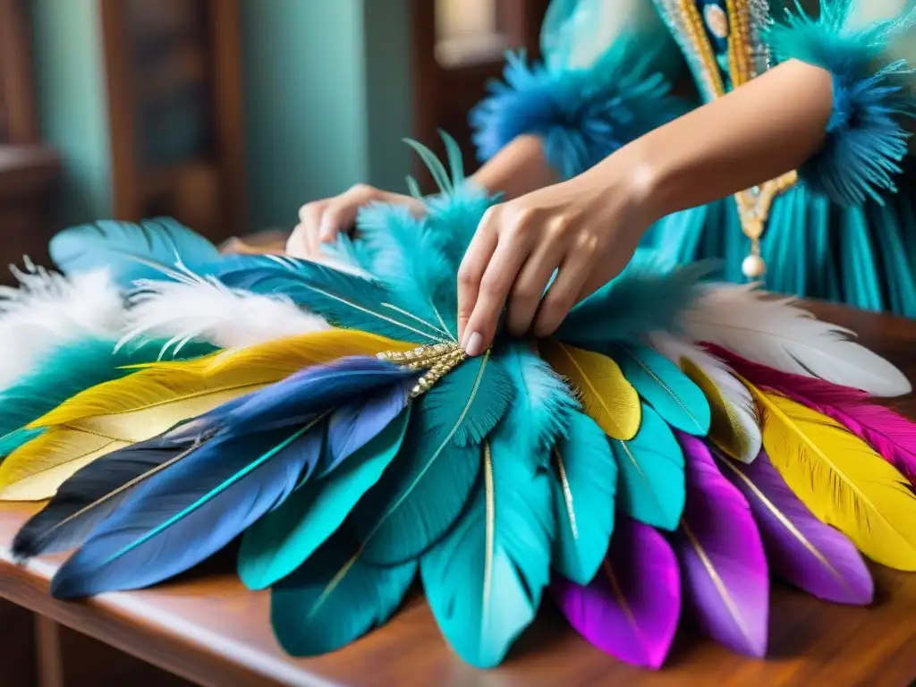 Artistas restauran historias en trajes de carnaval vibrantes, con lentejuelas, plumas y bordados coloridos en una mesa de trabajo de madera