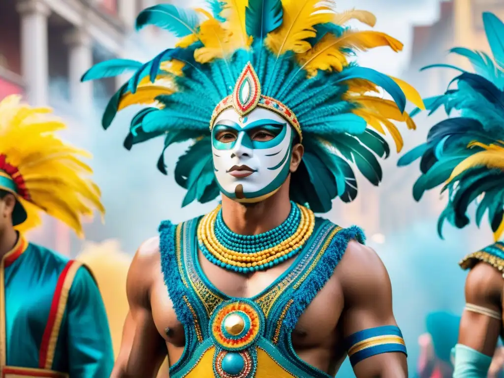 Artistas internacionales colaborando en trajes de Carnaval Uruguayo, fusionando creatividad y tradición en una vibrante ilustración