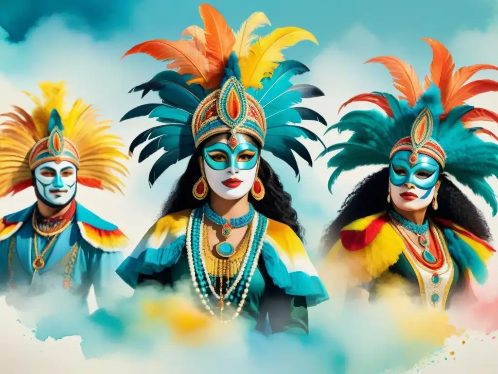 Evolución artística del Carnaval Uruguayo en una ilustración acuarela detallada y etérea