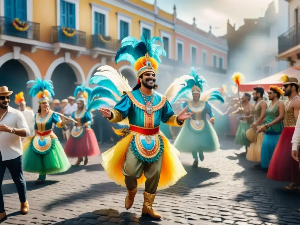 Fusión artística en cortometrajes uruguayos: vibrante escena de carnaval con murga colorida desfilando por calles empedradas