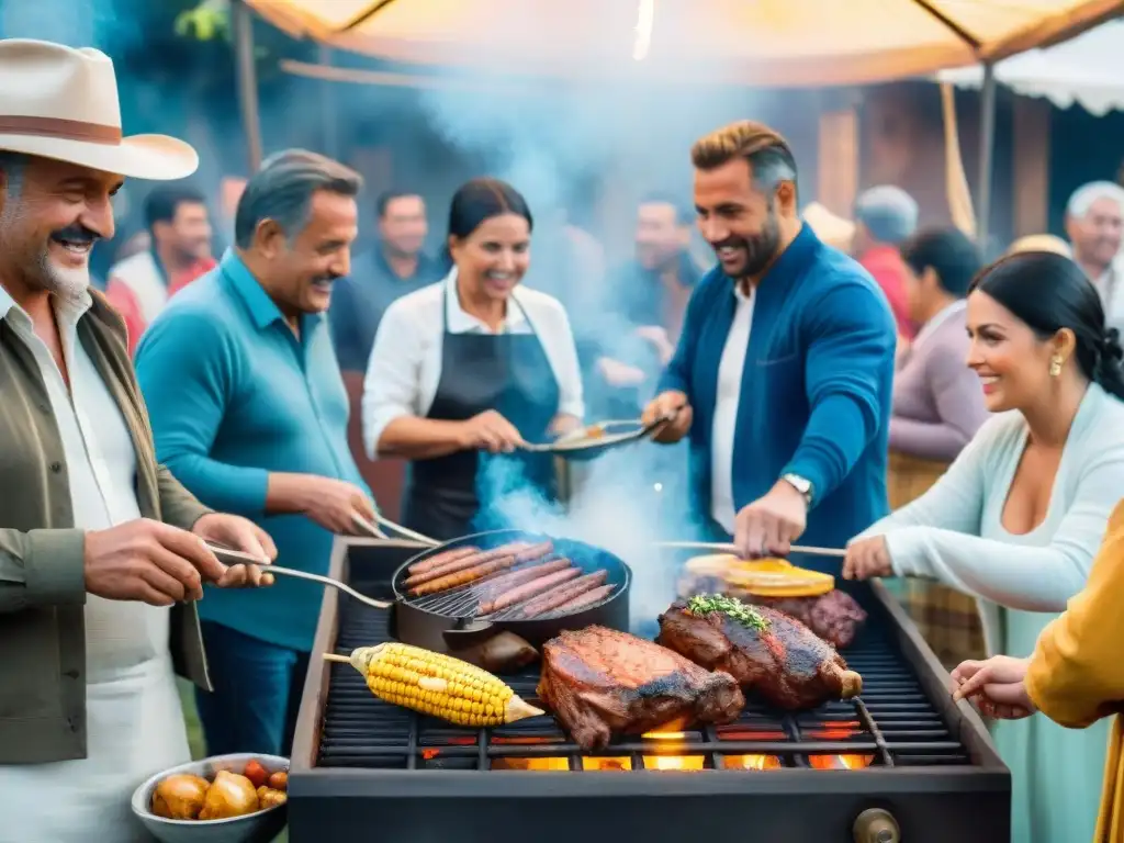 Celebración del asado en Carnaval: pintura acuarela detallada de reunión festiva alrededor de parrilla con carne sizzling