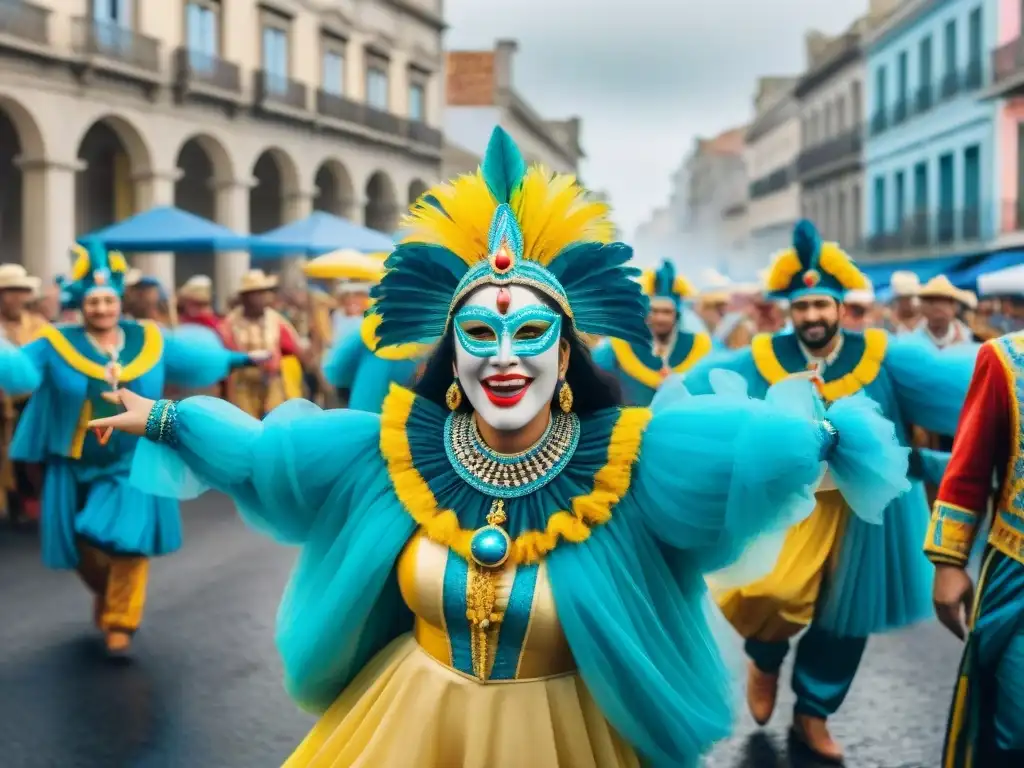 Fidelización de audiencia en vibrante Carnaval Uruguayo, con detallada pintura de desfile colorido y alegre