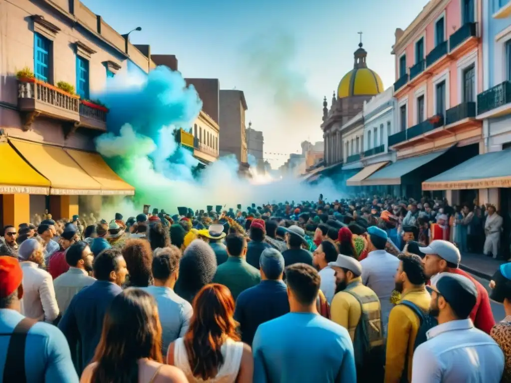 Producción audiovisual Carnaval Uruguayo: Calle bulliciosa de Montevideo durante el vibrante Carnaval, con coloridos desfiles y espectadores animados