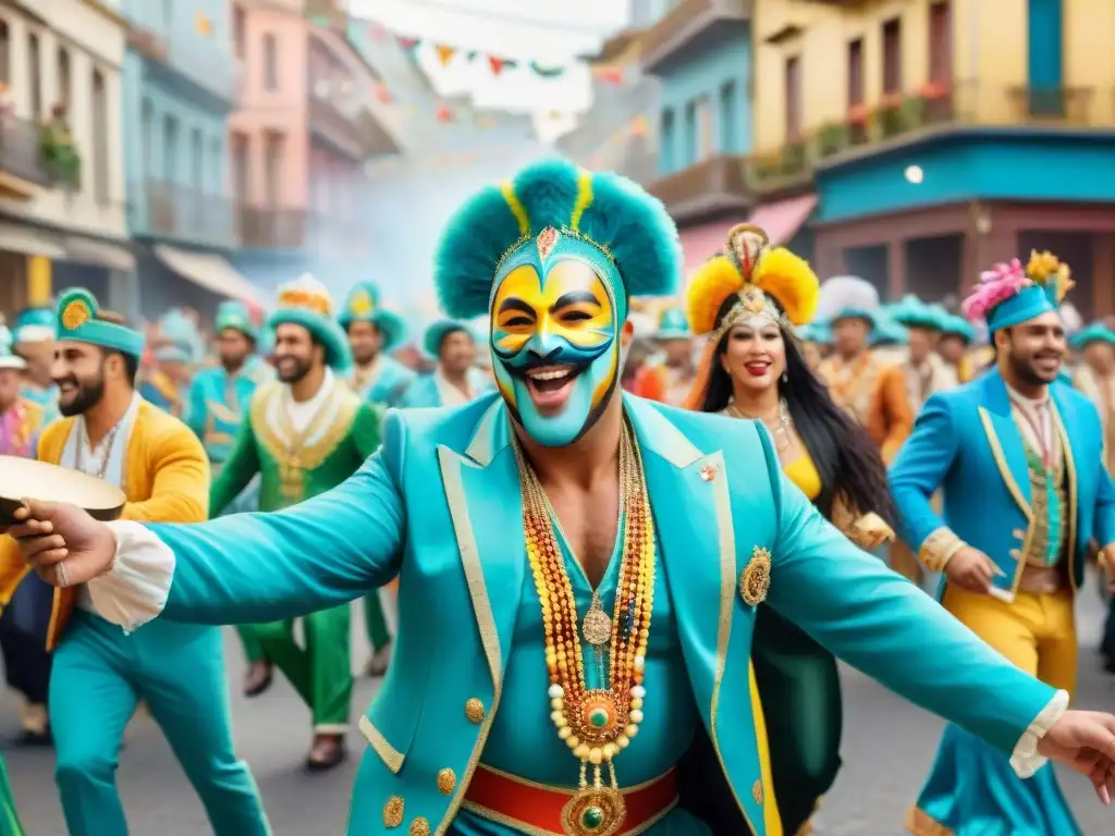 Producción audiovisual Carnaval Uruguayo: Colorido desfile con carrozas, bailarines y multitud alegre