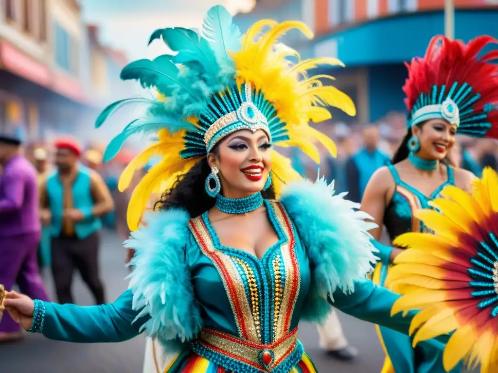 Producción audiovisual Carnaval Uruguayo: Detalle de vibrantes bailarines de carnaval en trajes coloridos moviéndose al ritmo de la música