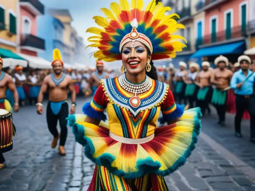 Un bailarín de Candombe en traje vibrante desfila con determinación y alegría en el Carnaval de Uruguay