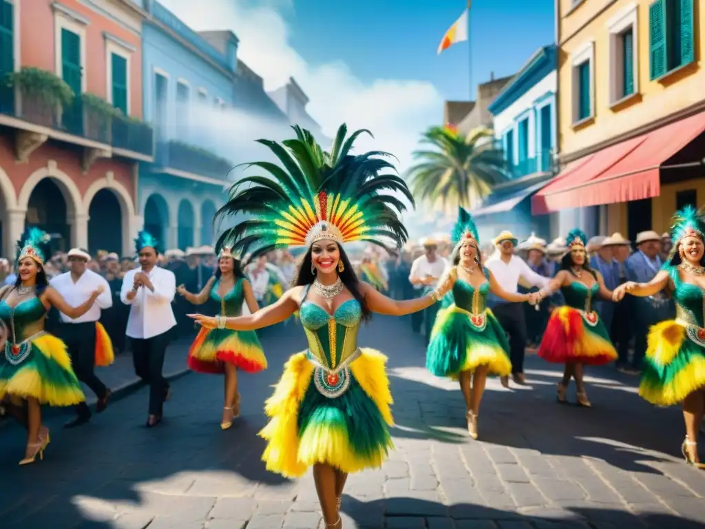 Baile vibrante y colorido de bailarines de carnaval en las calles coloniales de Uruguay