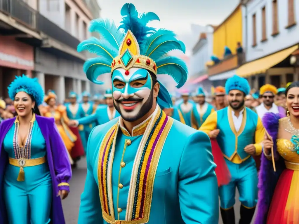 Branding emocional en Carnaval Uruguayo: Desfile vibrante con floats coloridos y bailarines en trajes tradicionales