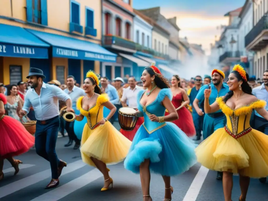 Branding emocional en Carnaval Uruguayo: Colorida escena callejera con danzarines y músicos durante el animado Carnaval en Uruguay