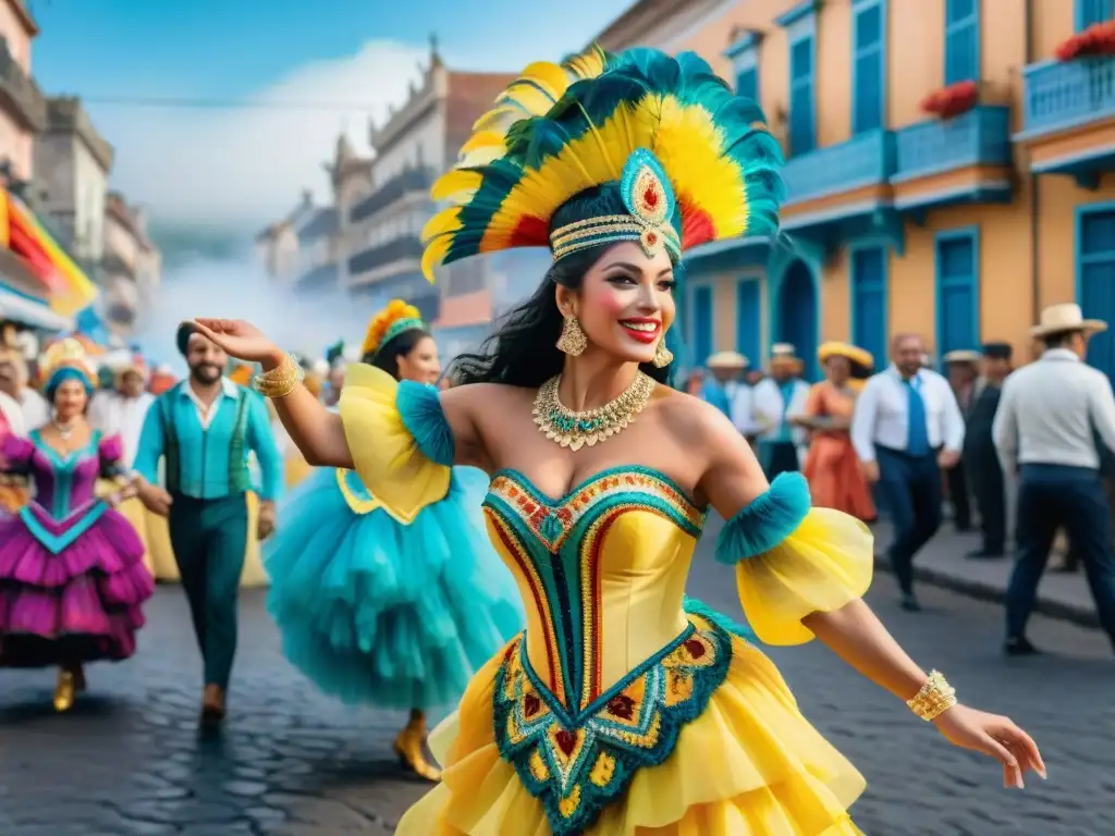 Branding exitoso en Carnaval Uruguayo: Pintura acuarela detalla desfile vibrante y festivo con música y trajes coloridos