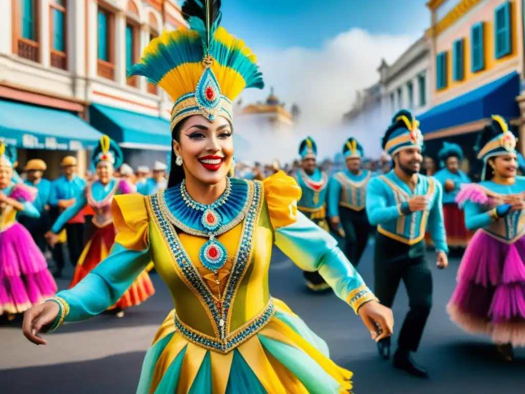 Brillante producción audiovisual Carnaval Uruguayo con bailarines y desfile colorido