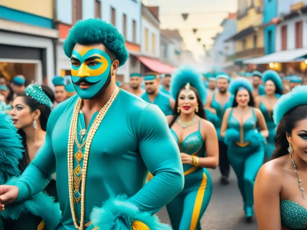 Brillante Carnaval en Uruguay con desfile de carros alegóricos, bailarines y una multitud animada en las calles