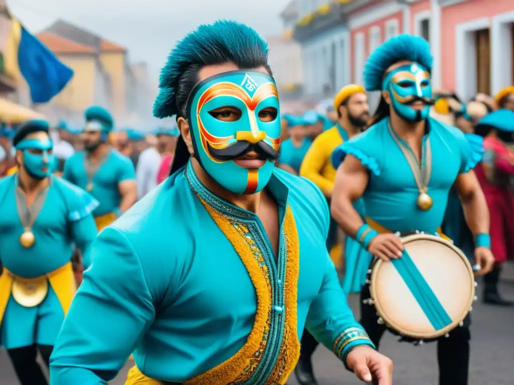 Brillante Carnaval en Uruguay: máscaras coloridas, trajes intrincados y tambores enérgicos, rodeados de una multitud animada