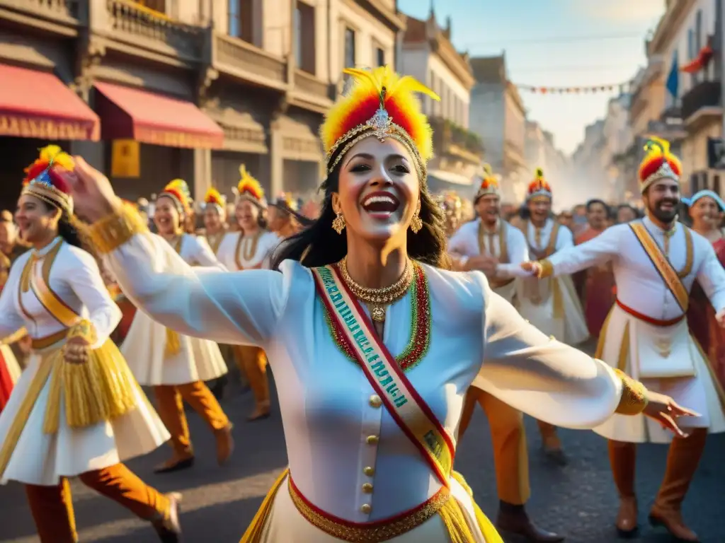 Brillante Carnaval Uruguayo destinos culturales en acuarela: coloridos bailarines, música alegre y edificios históricos al atardecer