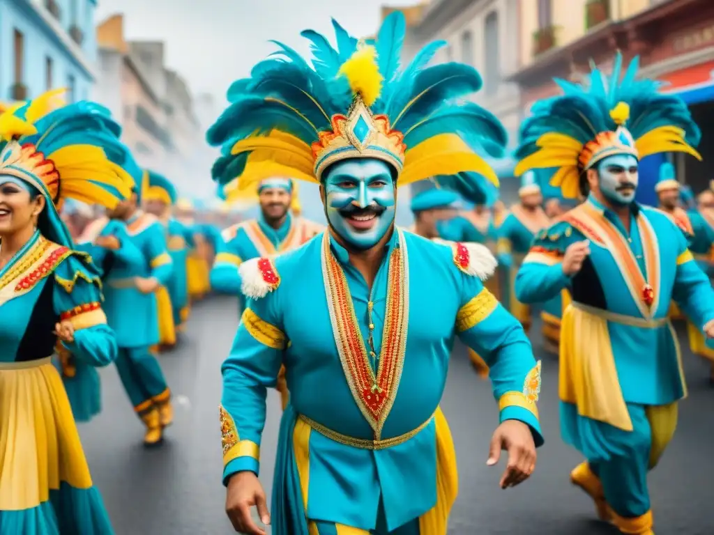 Brillante desfile de Carnaval en Uruguay, reflejando la energía y alegría de la festividad, tendencias Big Data Carnaval Uruguay