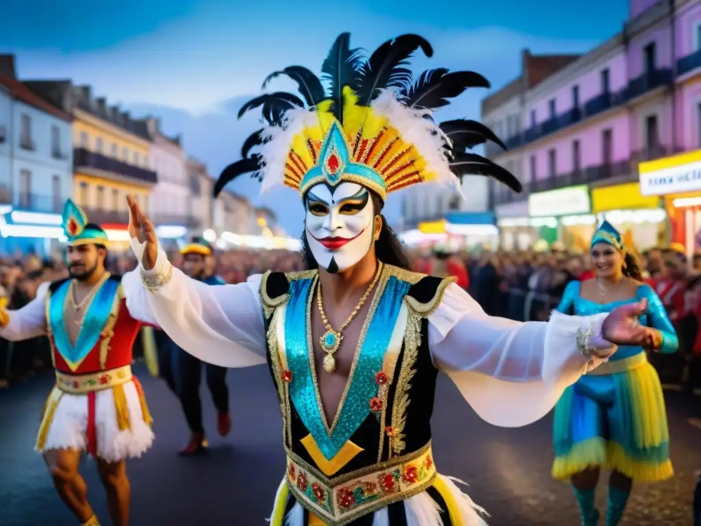 Brillante desfile de carnaval en Uruguay con trajes coloridos y espectadores emocionados