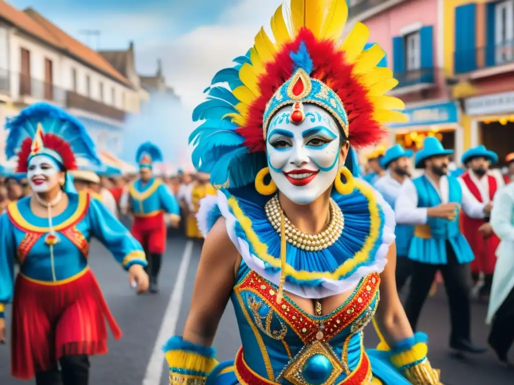 Brillante desfile de Carnaval Uruguayo con coloridos trajes y música tradicional, reflejando la Diplomacia cultural Carnaval Uruguayo