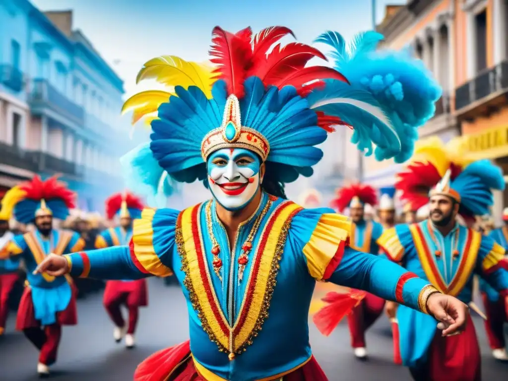 Brillante pintura acuarela de Elementos icónicos Carnaval Uruguayo: comparsas coloridas, tambores candombe y máscaras ornamentadas en Montevideo