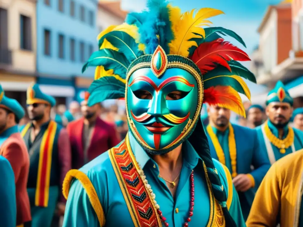 Brillantes máscaras tradicionales en el vibrante Carnaval Uruguayo con músicos y bailarines en coloridos trajes