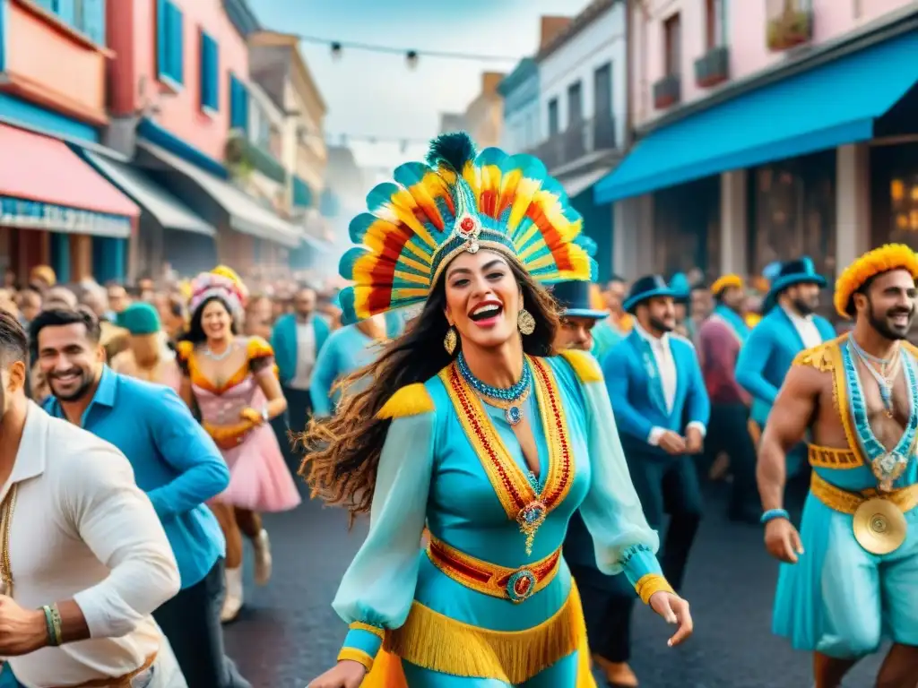 Bulliciosa calle del Carnaval Uruguayo: carrozas detalladas, trajes coloridos y bailarines alegres unidos en la celebración y los lazos comunitarios