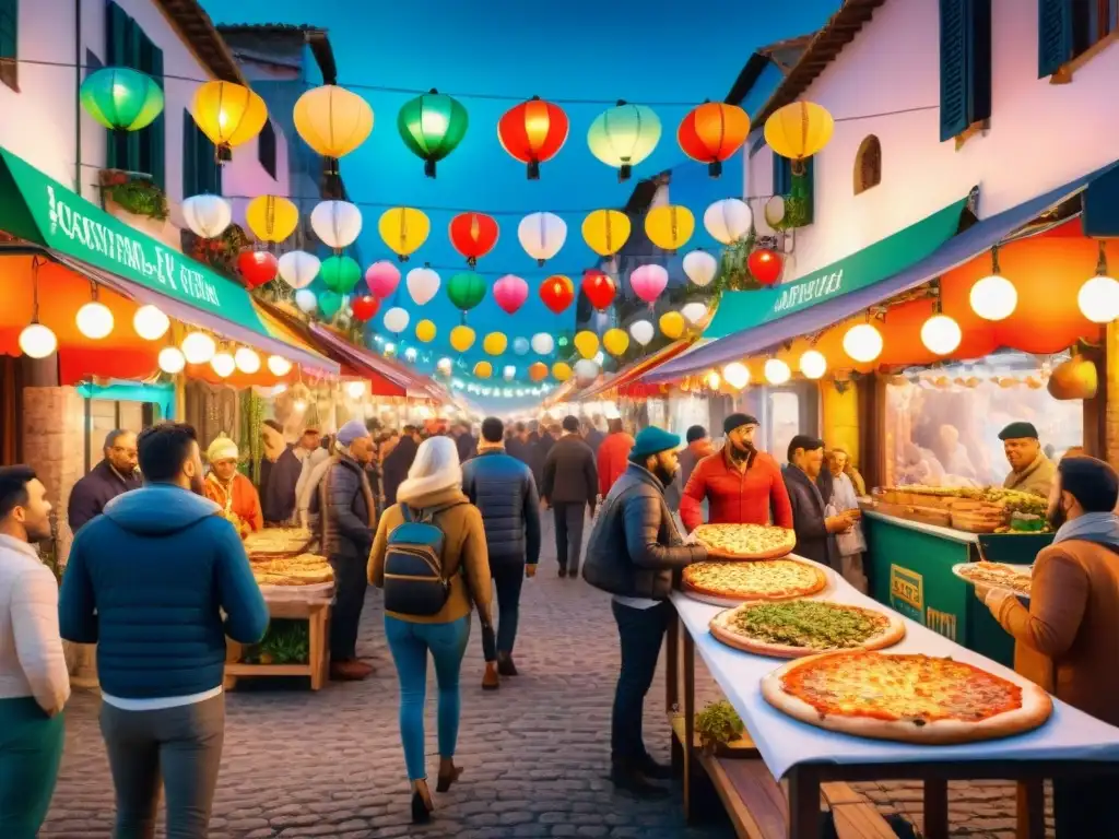 Bulliciosa noche de Carnaval con Pizza a la Parrilla en la calle, gente disfrutando bajo linternas brillantes y decoraciones coloridas