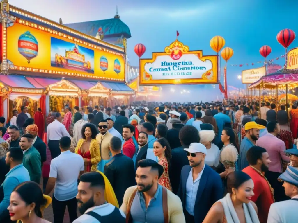 Un bullicioso Carnaval con publicidad exterior en la calle, gente con trajes coloridos y decoraciones vibrantes