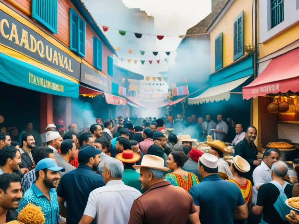 Carnaval uruguayo: fiesta culinaria y cultural en las calles Un bullicioso Carnaval Uruguayo lleno de coloridas cocinas festivas y danzas al ritmo de tambores de candombe