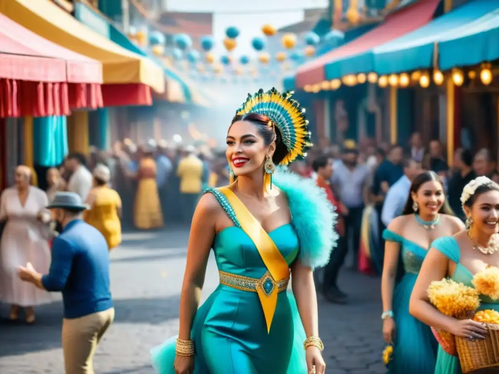 Un bullicioso Carnaval uruguayo con stands coloridos y diseños intrincados, lleno de alegría y energía festiva