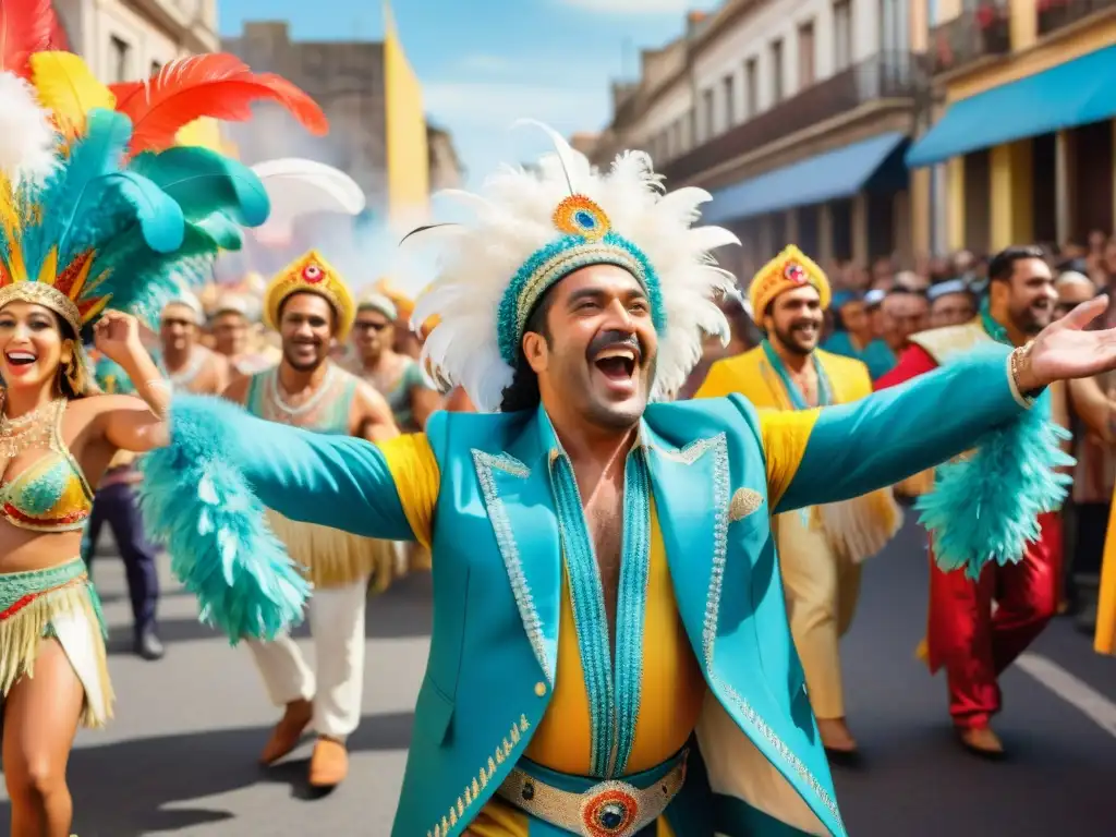 Cacho de la Cruz legado Carnaval Uruguayo: Ilustración acuarela detallada de Cacho de la Cruz en desfile colorido y alegre