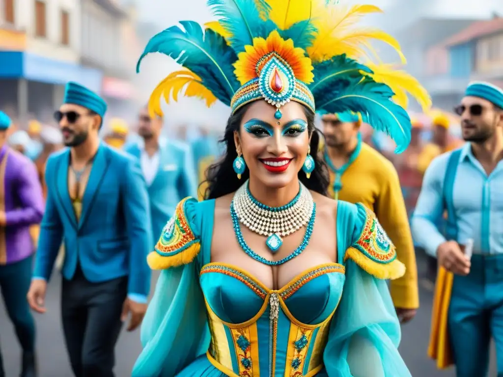 Calendario eventos Carnaval Uruguayo: Detallada pintura acuarela de vibrante desfile de Carnaval en Uruguay