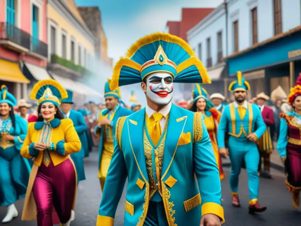 Calendario eventos Carnaval Uruguayo: Una colorida procesión de carnaval en Uruguay con trajes, bailes y música tradicional