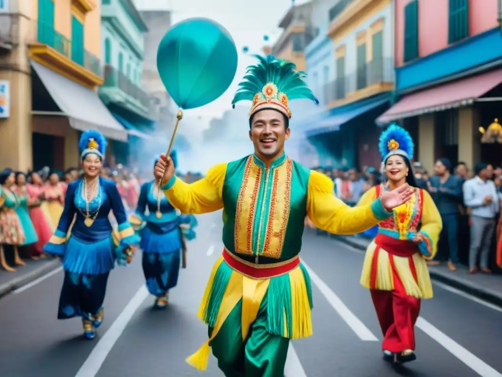 Una calle bulliciosa en Montevideo durante el Carnaval, con artistas coloridos y energía festiva