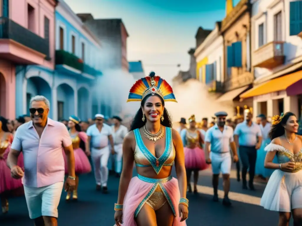 Una calle bulliciosa durante el Carnaval en Uruguay, con carrozas coloridas y espectadores alegres