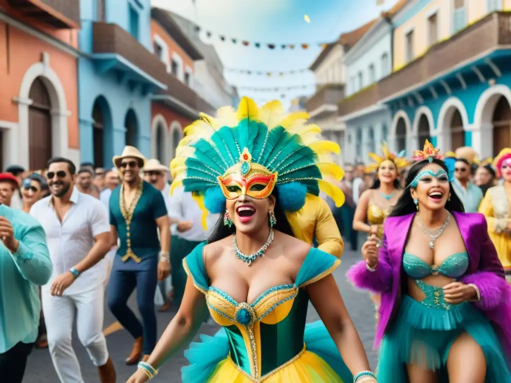 Una calle bulliciosa en Carnaval Uruguay: gente con trajes festivos, danzas tradicionales y carros alegóricos