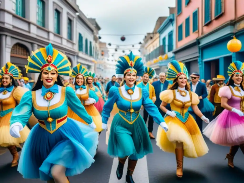 Una calle bulliciosa de Montevideo durante el Carnaval, con productos icónicos del Carnaval Uruguayo