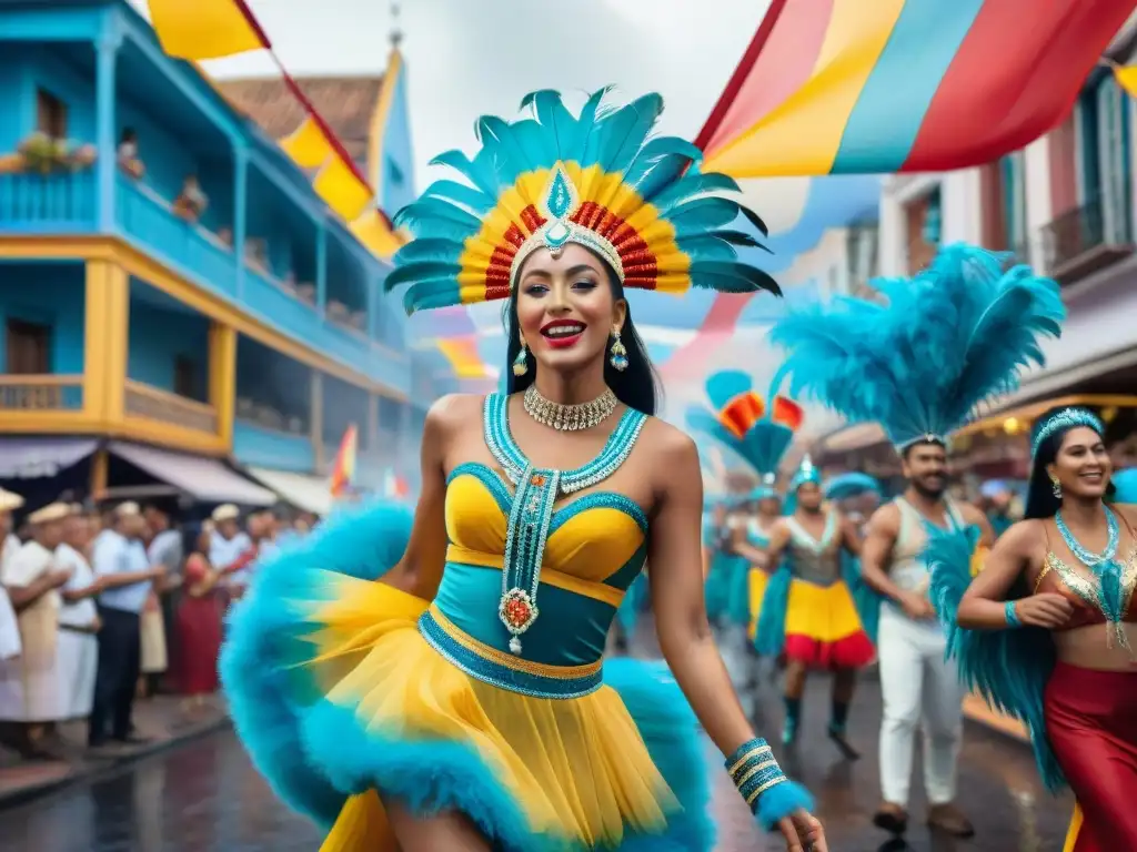 Una calle bulliciosa del Carnaval Uruguayo: artistas, plumas, colores, música y alegría