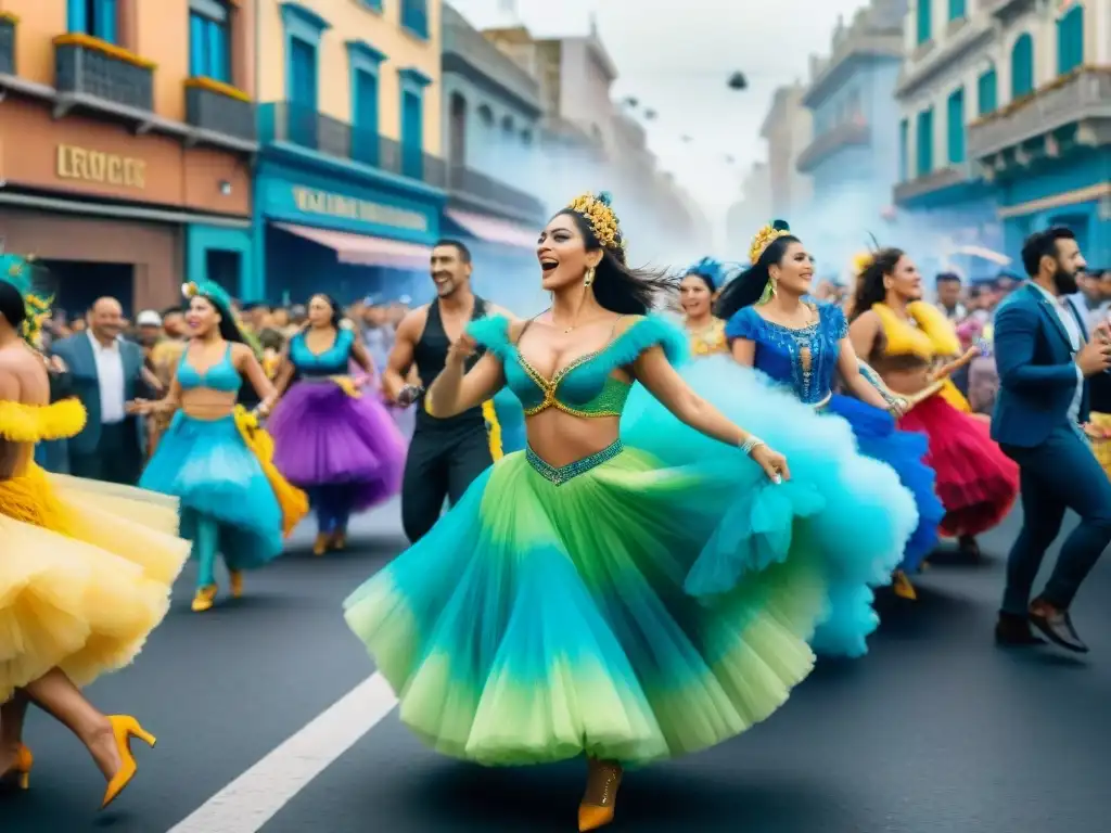 Una calle bulliciosa en Montevideo durante el vibrante Carnaval Uruguayo