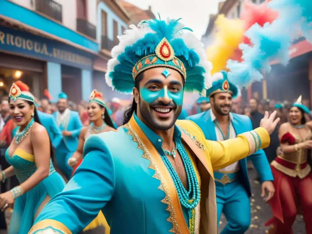 Una calle bulliciosa durante el vibrante Carnaval Uruguayo: bailarines coloridos, músicos alegres y espectadores animados