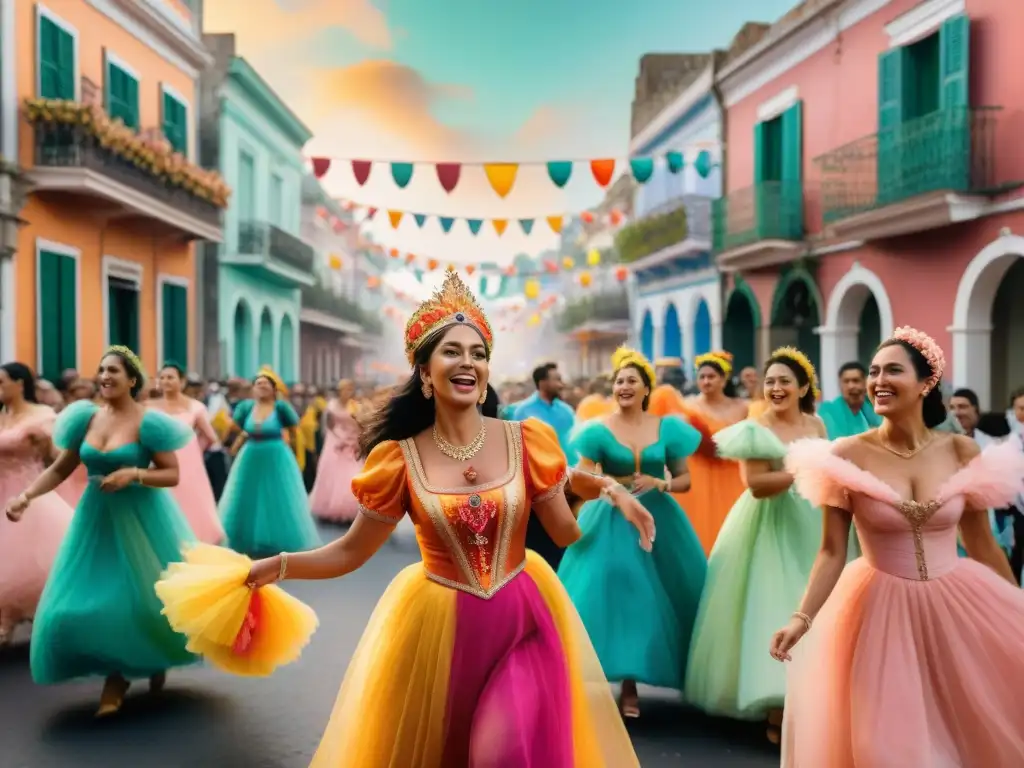 Una calle uruguaya durante el Carnaval, con atuendos coloridos y música alegre, en una celebración ecoeficiente