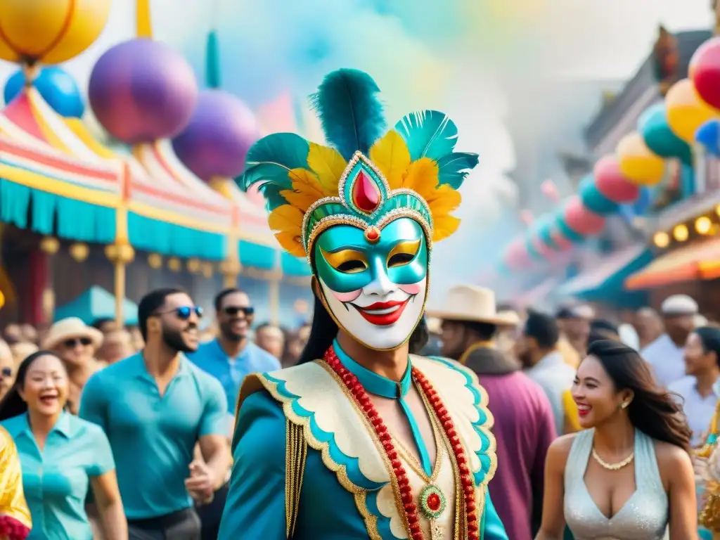 Una calle de carnaval vibrante en Uruguay, con desfiles coloridos y espectadores alegres