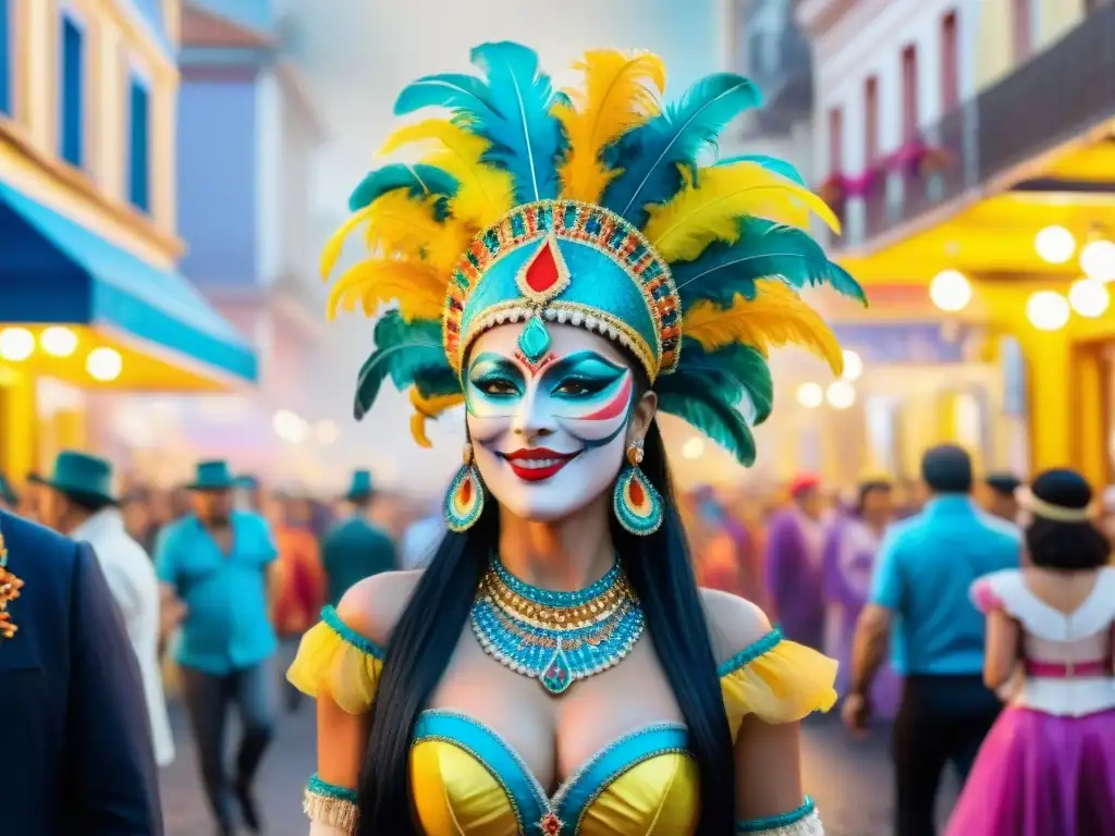 Una calle vibrante de Montevideo durante el Carnaval, con coloridos trajes de la colección de trajes de carnaval uruguayo