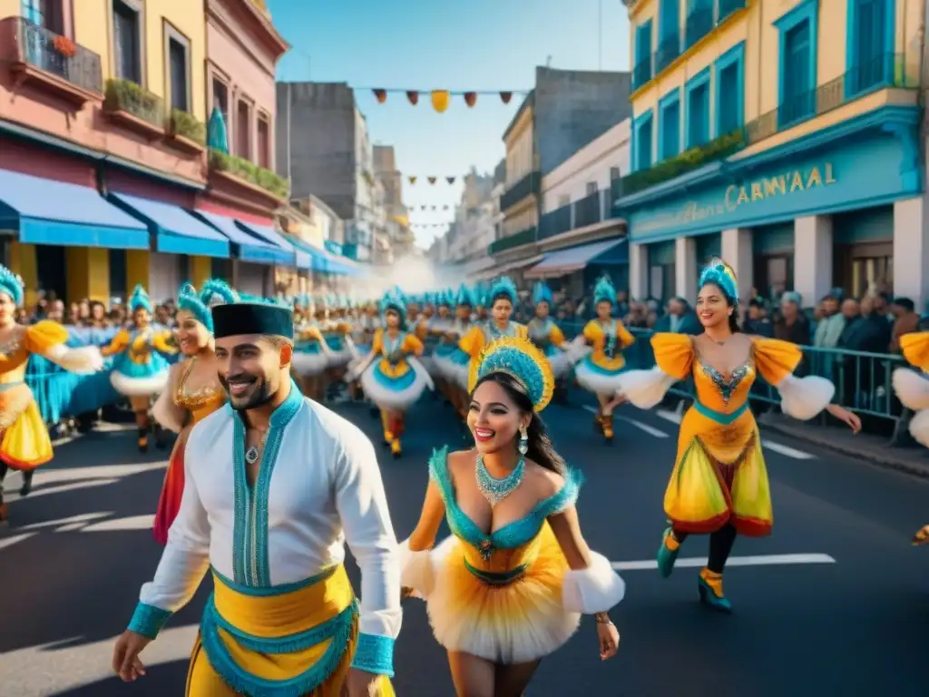 Una calle vibrante en Montevideo durante el Carnaval Uruguayo, con danzas, música y desfiles coloridos