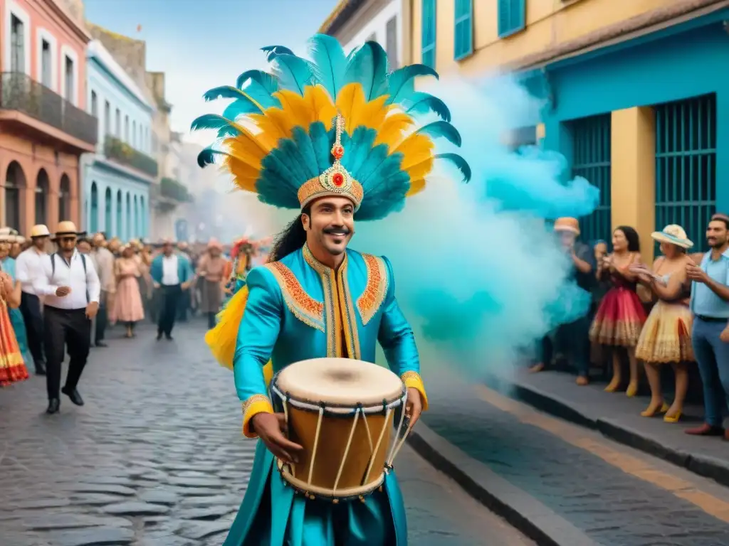 Un callejón secreto del Carnaval Uruguayo: un artista en un traje deslumbrante bailando mientras la multitud observa maravillada