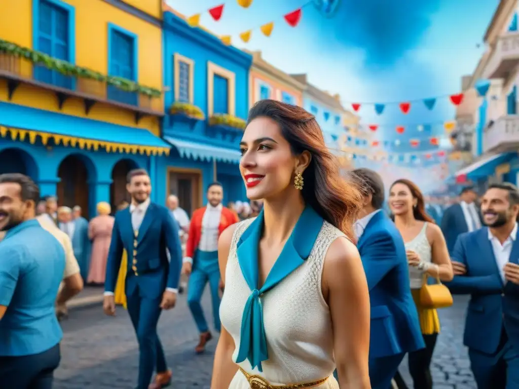 Calles vibrantes de Uruguay durante el Carnaval, con música alegre y edificios festivos decorados