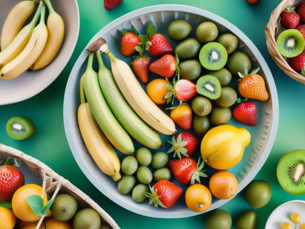 Una canasta rebosante de frutas coloridas, detalladas y brillantes, en una atmósfera de cosecha festiva