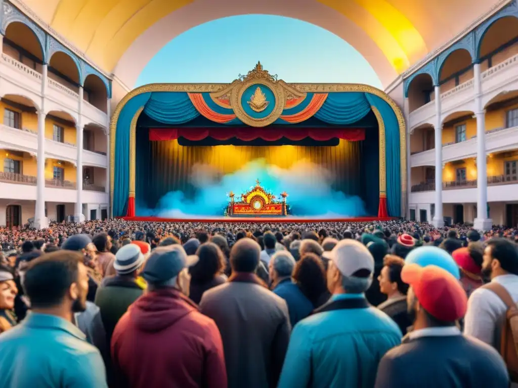 Teatro Solís en el Carnaval de Montevideo, Uruguay, con bulliciosa multitud y coloridas decoraciones