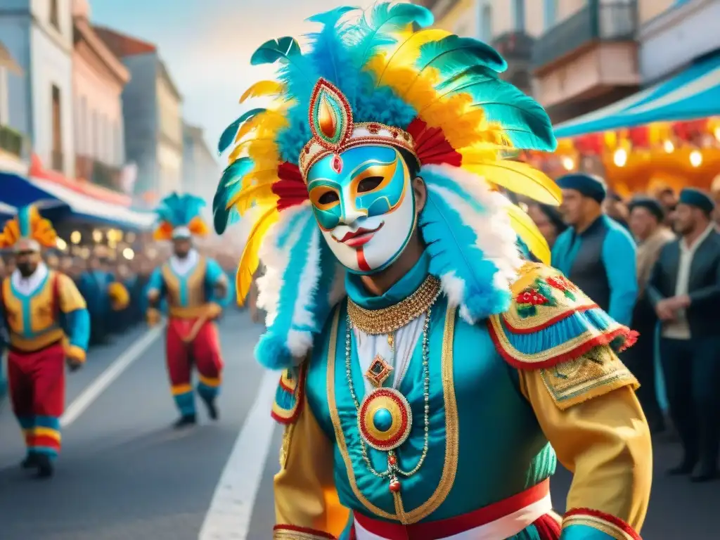 Celebración del Carnaval en Uruguay con desfile de colores y música, explorando la rica tradición cultural