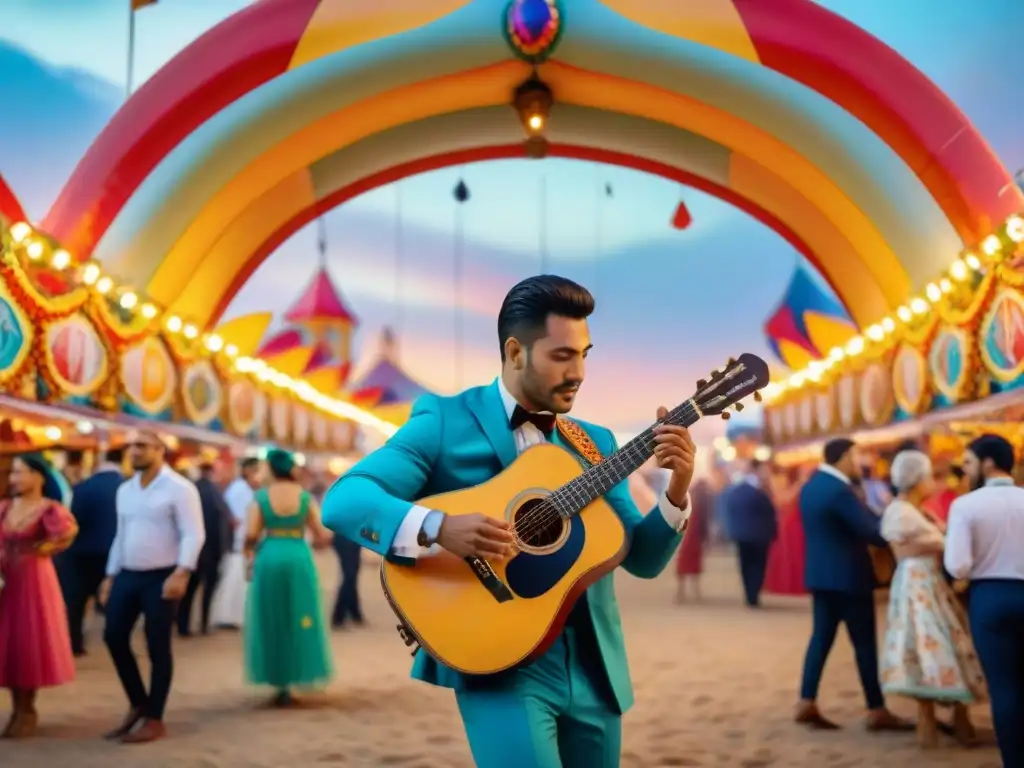 Eduardo Mateo revoluciona el Carnaval de Uruguay con su guitarra bajo un arco festivo colorido al atardecer