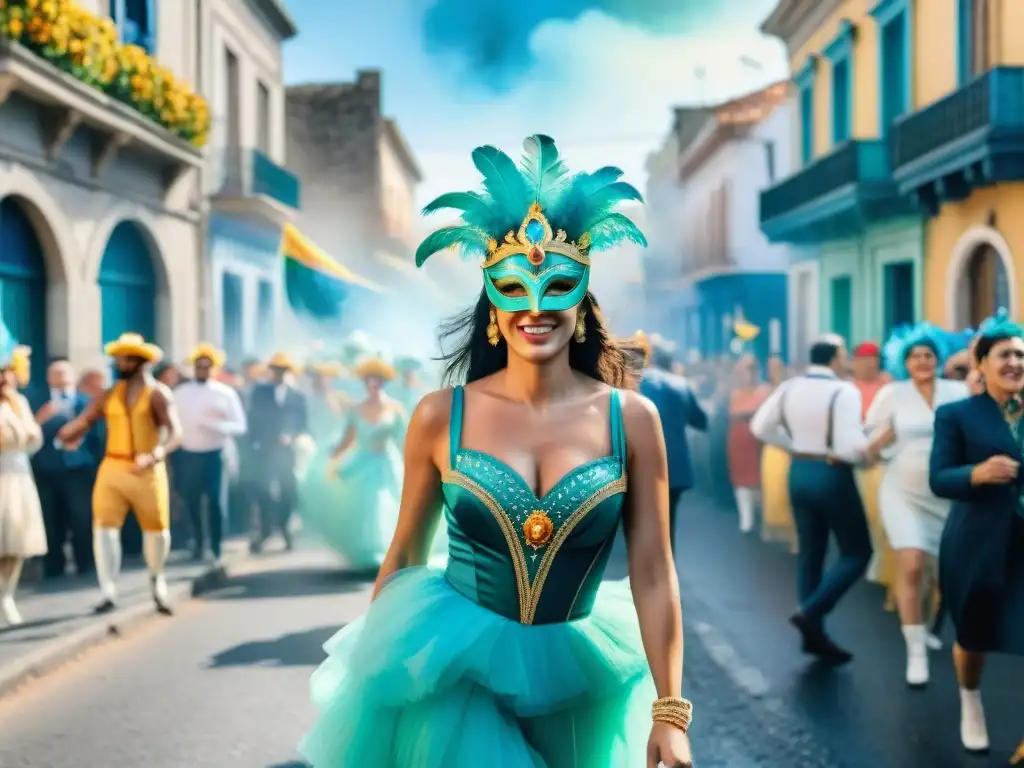 Celebración del Carnaval en Uruguay con impacto en el empleo local: coloridos trajes, máscaras y danzas alegres en las calles