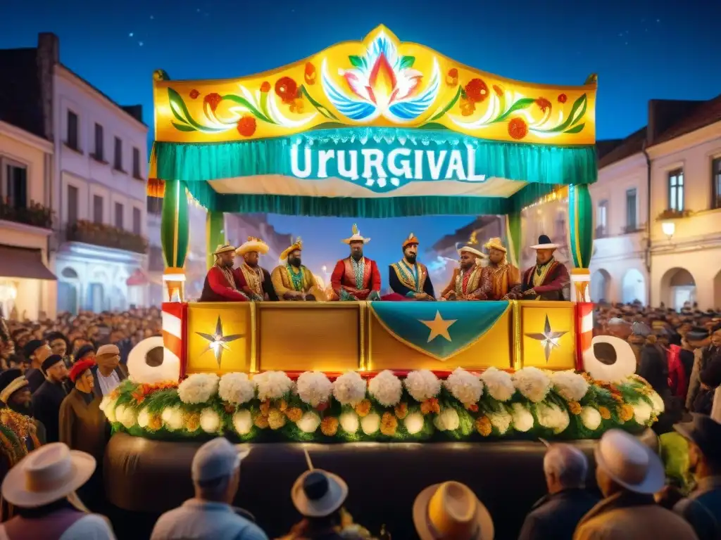 Float del Carnaval de Uruguay sostenible con decoraciones florales y luces LED, rodeado de espectadores y edificios históricos